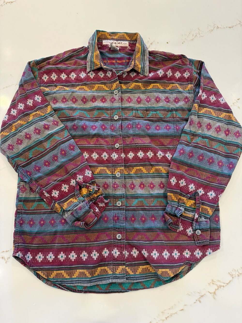 Vintage Kikomo Style Southwestern Button Down | 90s Tribal Aztec Shirt | 100% Co